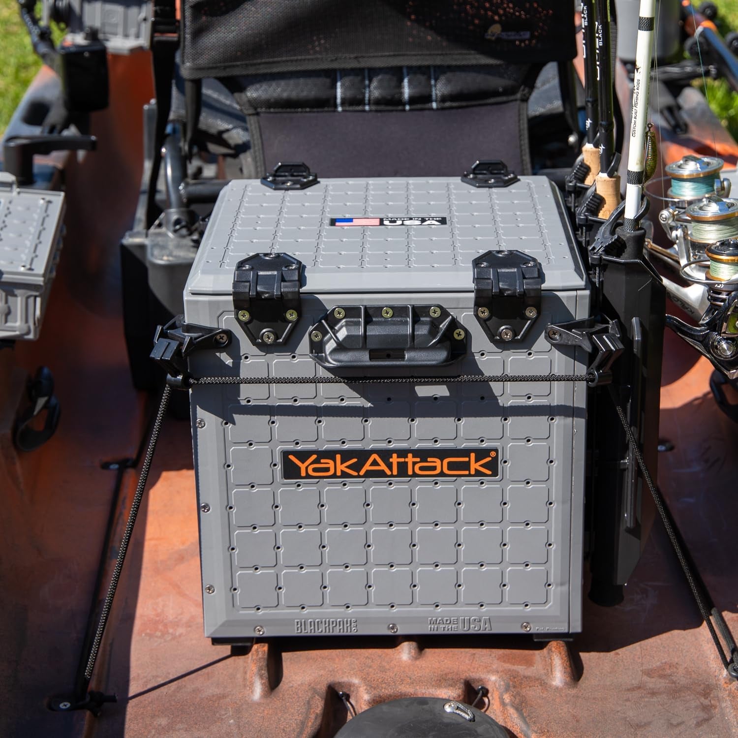 Yakattack Blackpak Pro Fishing Crate - 13" x 13" with 3 Rod Holders, Battleship Grey | Ultimate Kayak Gear Organizer & Tackle Storage Solution, Lightweight & Durable