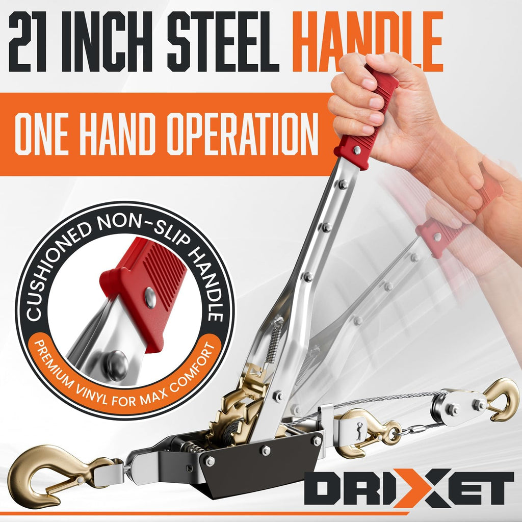 Drixet 4 Ton Come Along Winch - Heavy Duty Power Puller Hand Winch with Cable, Pulley, and Dual Gears Ratchet System for Effortless Pulling (3 Hooks)