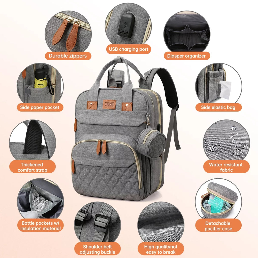 Diaper Bag Backpack, Multifunction Diaper Bag Backpack with Changing Station, USB Charging Port & Foldable Crib, Large Capacity Travel Backpack W/Sunshade&Pacifier Case&Stroller Straps(Grey)