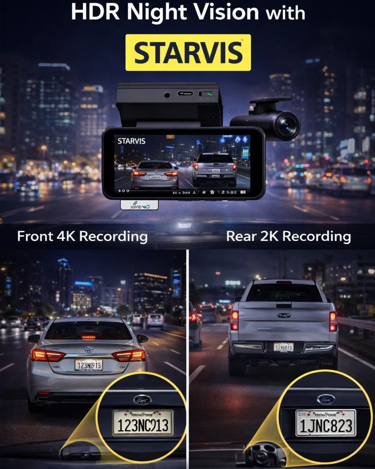Cardivox 4K Dash Cam Front and 2K Rear Dash Camera Sony STARVIS, Wifi GPS Free 256GB
