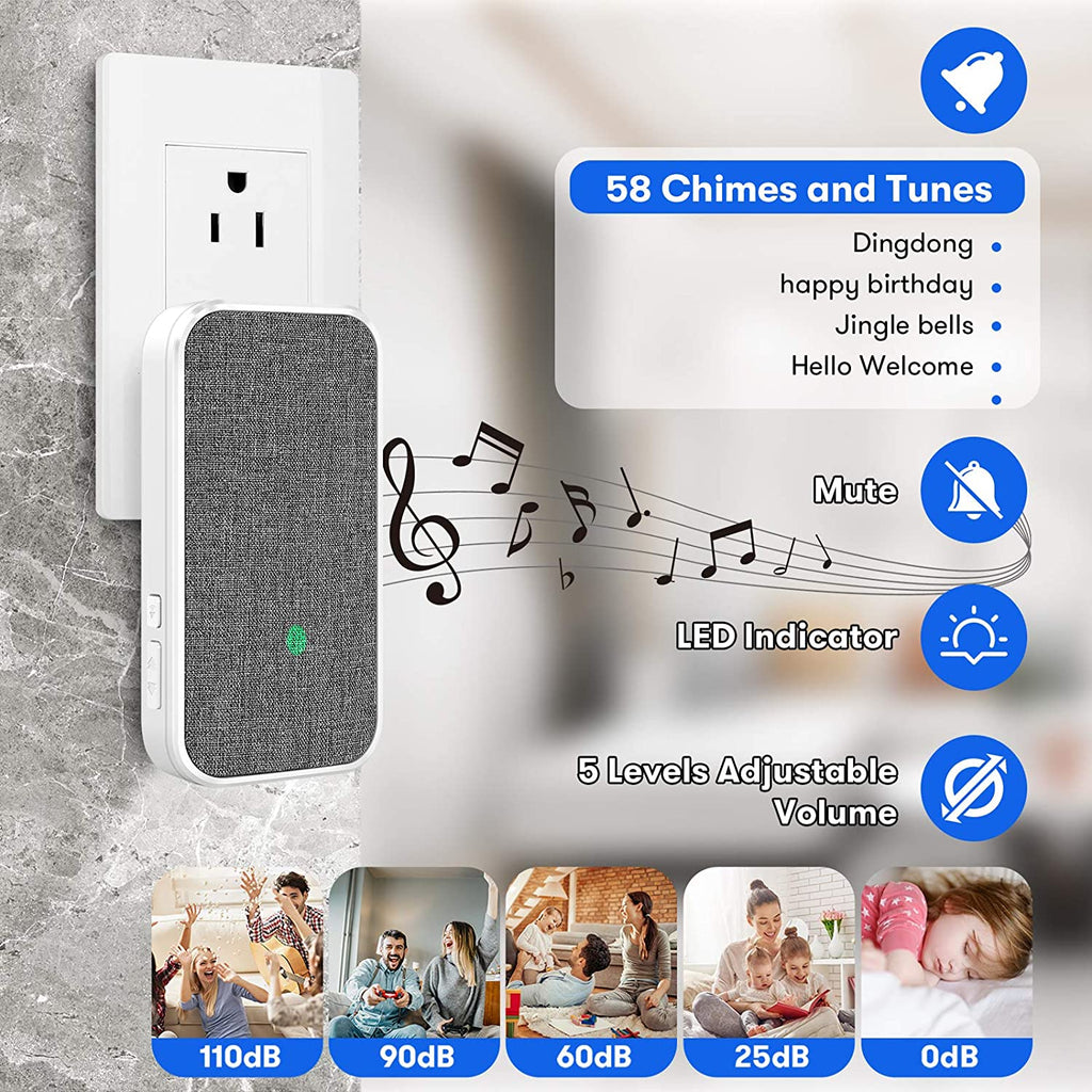 Wireless Doorbell, Remote Door Bell Ringer Wireless Long Range 1300FT with Fabric Finish, Coolqiya Portable Wireless Door Bells with 2Pcs Plug-In Doorbell Chime and 2Pcs Waterproof Ringer Button