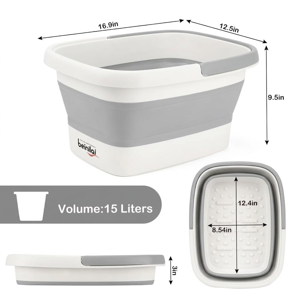 Beinilai Foldable Foot Soak Tub with Massage Acupoints - Portable Collapsible Foot Bath Basin with Handles, Perfect for Relaxation and Self-Care - Grey