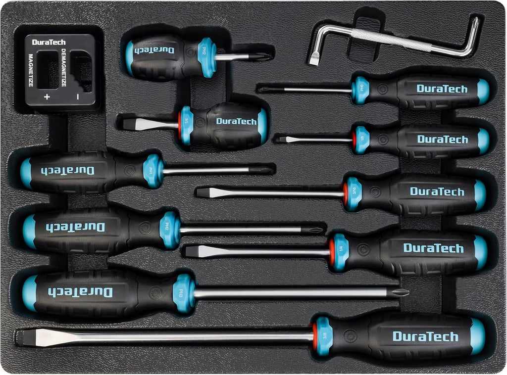 DURATECH 12-Piece Magnetic Screwdriver Set, 5 Phillips and 5 Slotted Tip S2 Alloy Steel Screwdriver Set, 1 Pc Magnetizer Demagnetizer, 1 Pc CR-V Offset Screwdriver, Storage Tray Included