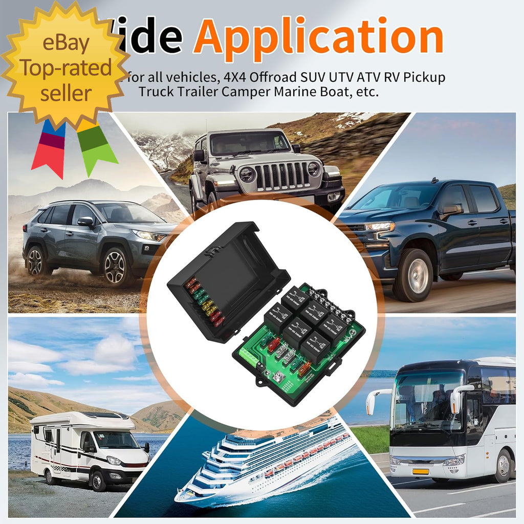 12V Automotive Universal Relay and Fuse Panel with 6-Way Relays