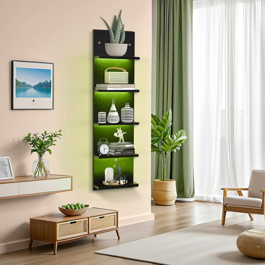 5-Tier Black Floating Wall Shelf with RGB LED Lighting for Bedroom Decor