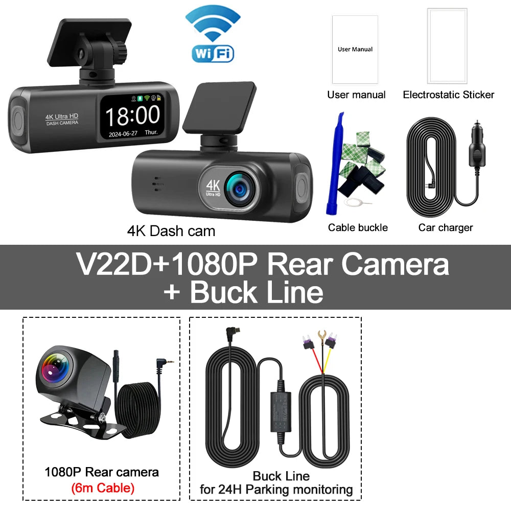 Dash Cam 4K UHD for Car Camera Front Rear Dual Lens with GPS Wifi 24H Parking Mode Night Vision Car DVR Video Registrator