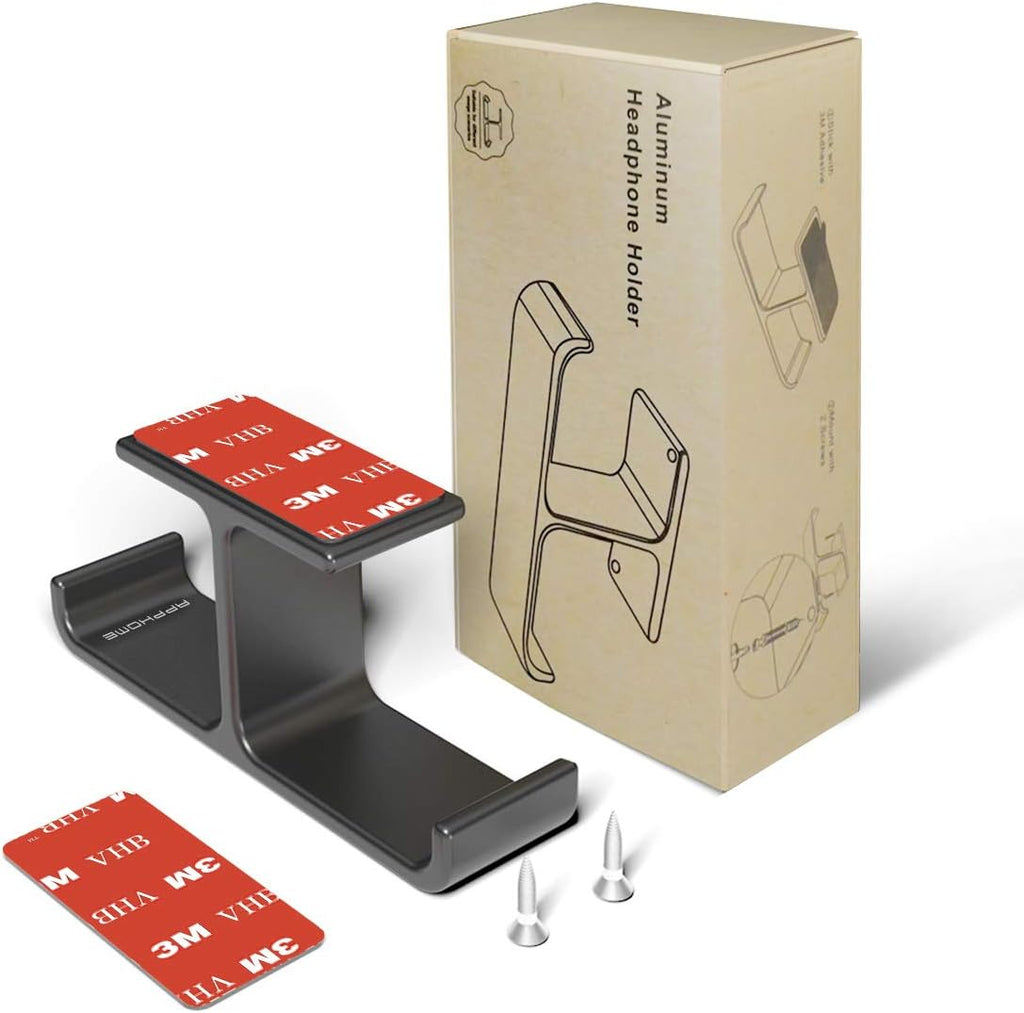 Space-Saving Dual Headphone Hanger Stand - Aluminum Adhesive & Screw Mount for All Headsets, Perfect PC Gaming Accessory - Black