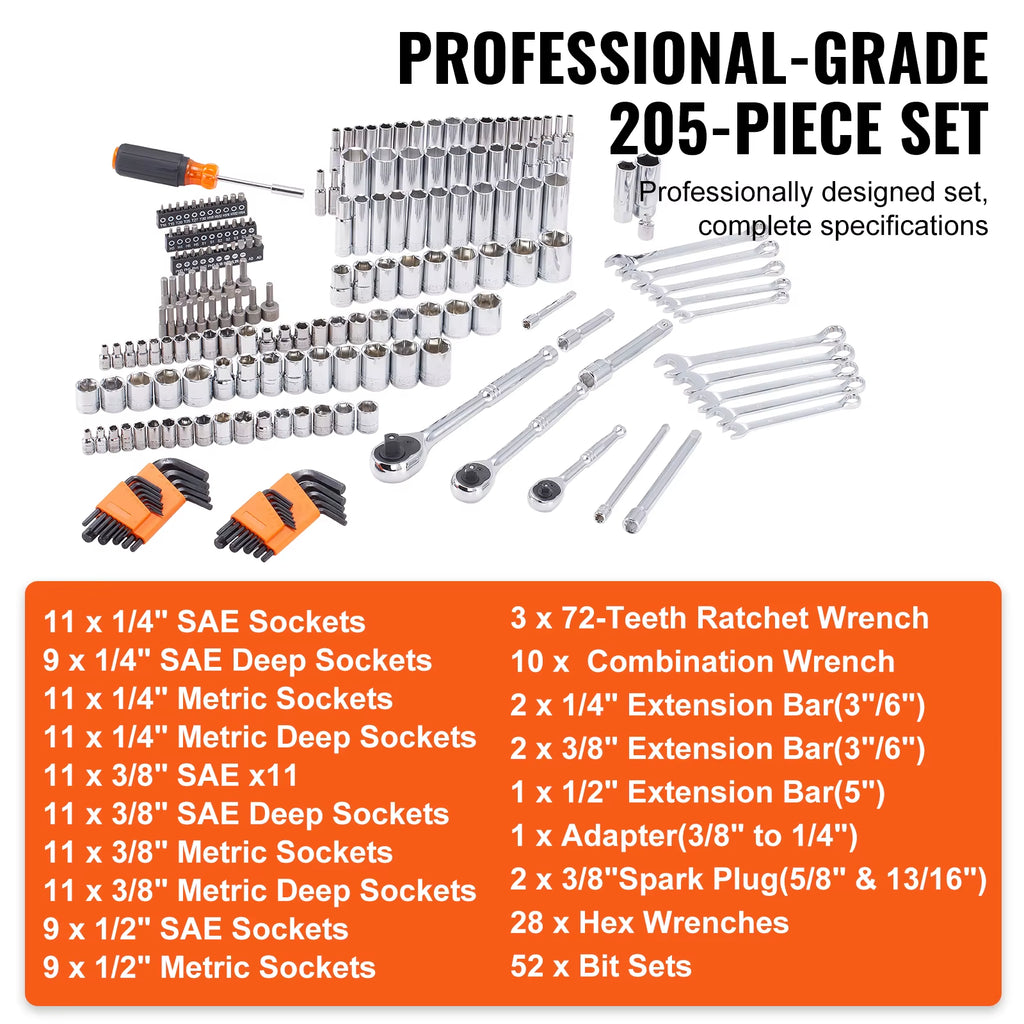Succebuy Mechanics Tool Set and Socket Set Deep and Standard Sockets 145/205 Pcs SAE and Metric Mechanic Tool Kit with Bits