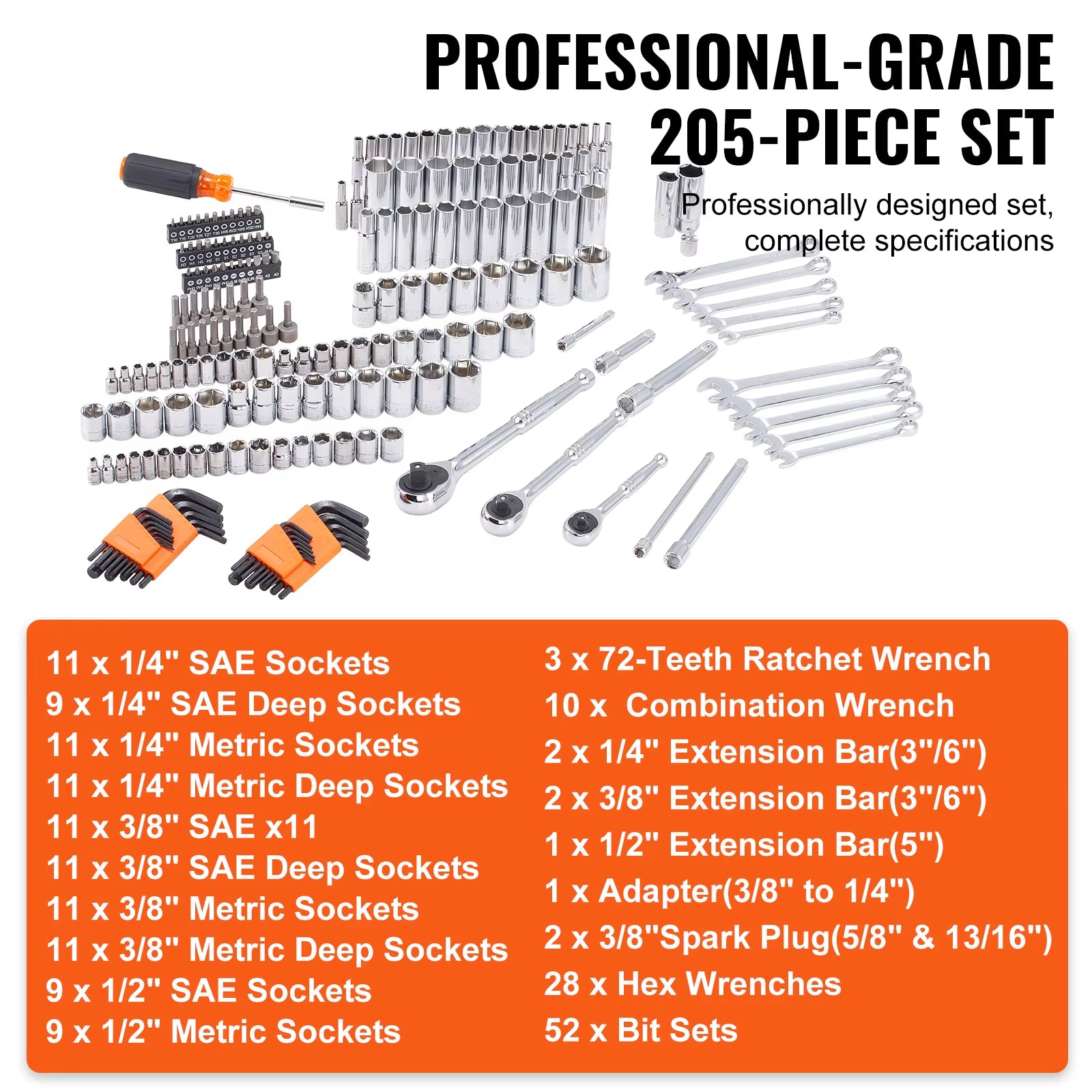 Succebuy Mechanics Tool Set and Socket Set Deep and Standard Sockets 145/205 Pcs SAE and Metric Mechanic Tool Kit with Bits