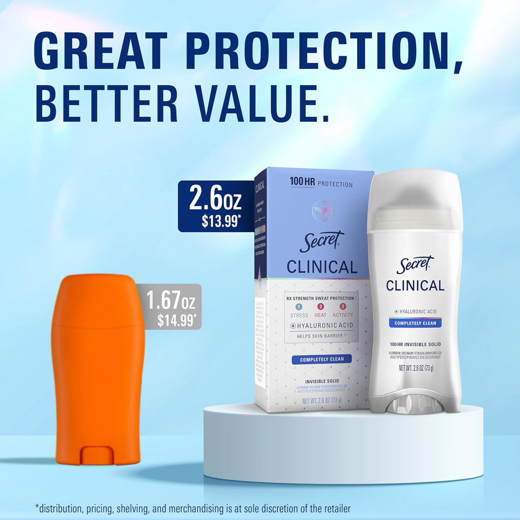 Secret Clinical Strength Antiperspirant Deodorant for Women - 100HR Sweat & Odor Protection, 3X Stress Defense, Clean Lavender Scent with Hyaluronic Acid, 2.6 Oz