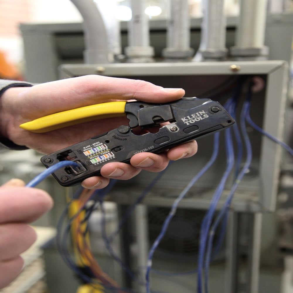 Klein Tools Compact Ratcheting Data Cable Crimper, Wire Stripper & Cutter - Perfect for CAT6, CAT5, CAT3 & Flat-Satin Voice Cables