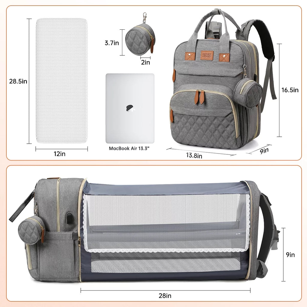 Diaper Bag Backpack, Multifunction Diaper Bag Backpack with Changing Station, USB Charging Port & Foldable Crib, Large Capacity Travel Backpack W/Sunshade&Pacifier Case&Stroller Straps(Grey)