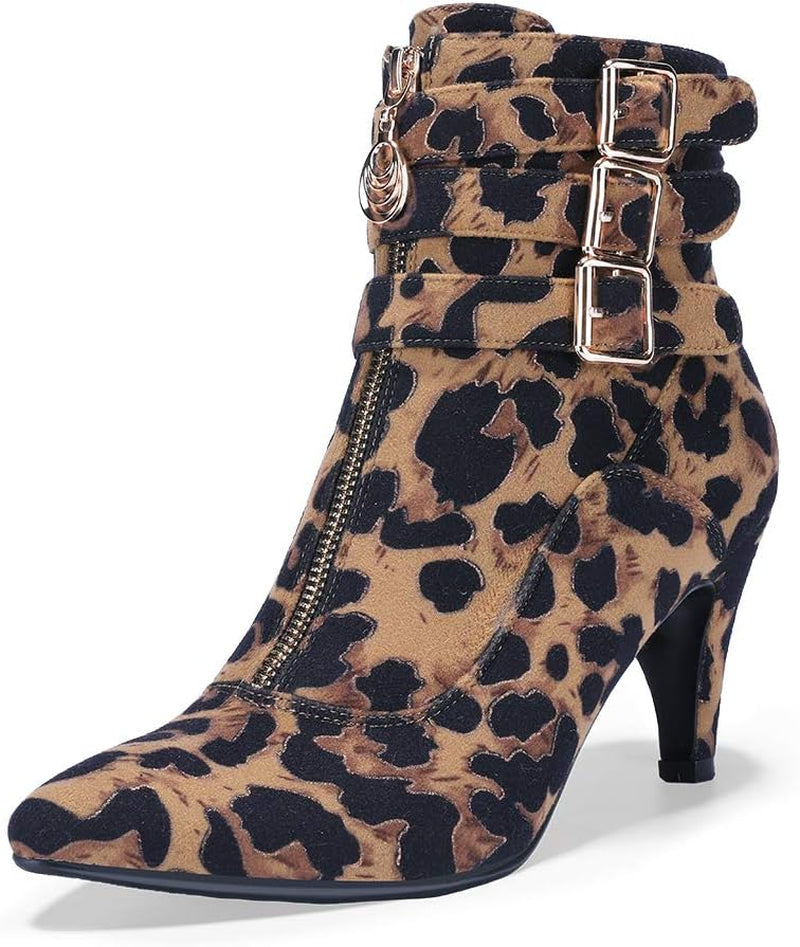 IDIFU Women'S Pointed Toe Metal Buckle Two Strap Ankle Booties Side Zipper Kitten Heel Dress Classic Short Boots