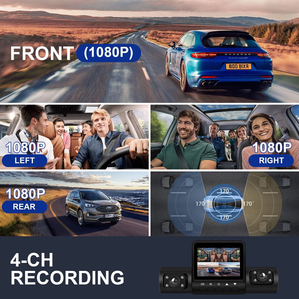AILKIN 4 Channel Dash Cam Front and Rear,Left,Right,Full HD 1080P Dash Cam Front and Rear inside Loop Recording Dash Camera for Cars with Night Vision,Free 64GB Card