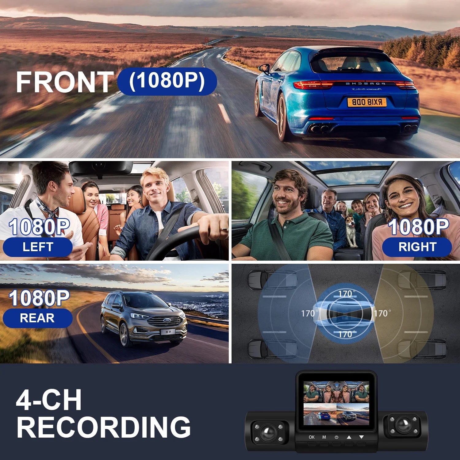 AILKIN 4 Channel Dash Cam Front and Rear,Left,Right,Full HD 1080P Dash Cam Front and Rear inside Loop Recording Dash Camera for Cars with Night Vision,Free 64GB Card