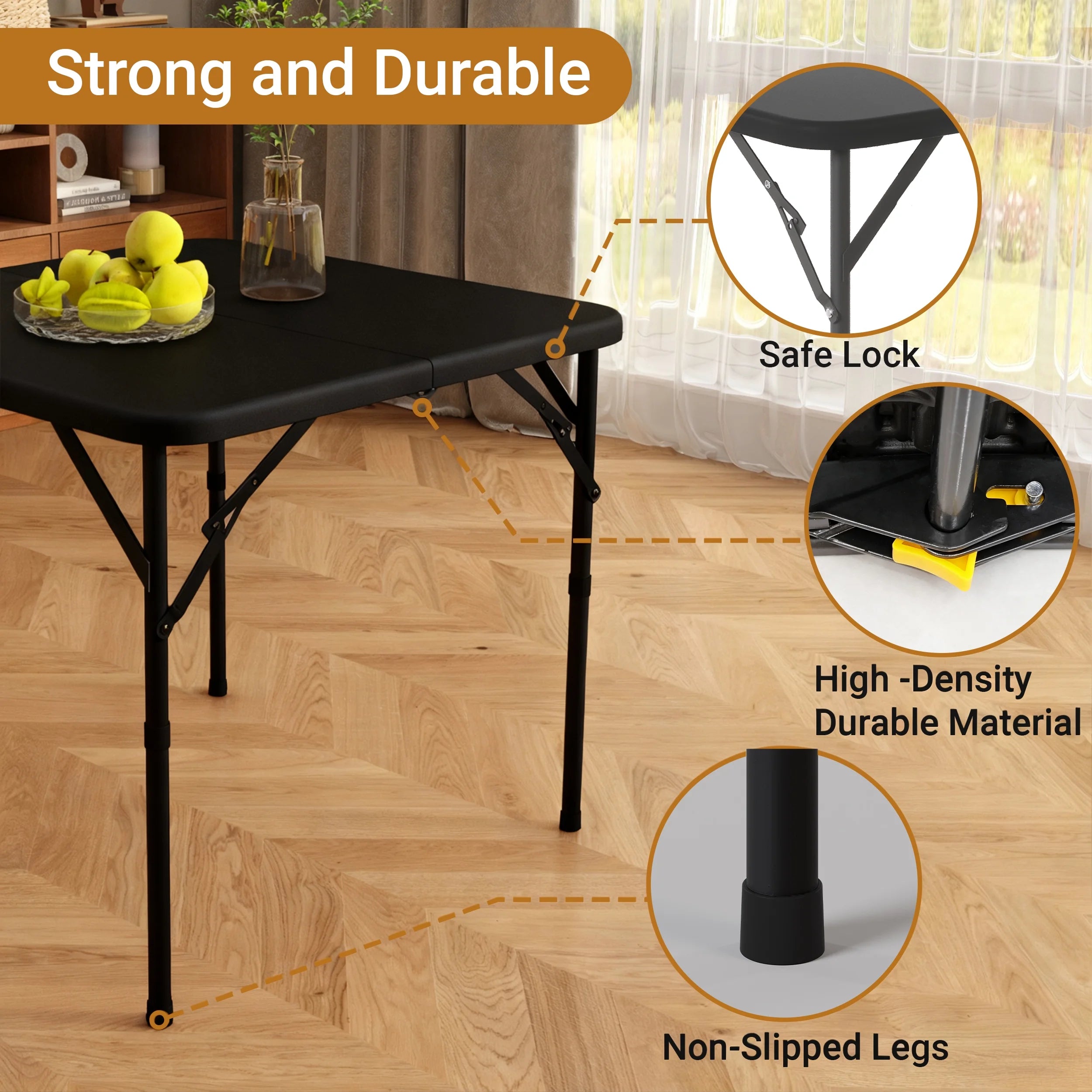 34" Square Folding Table,Fold-In-Half Plastic Card Table,Picnic Party Event Dining Camp Table for Indoor Outdoor,Black