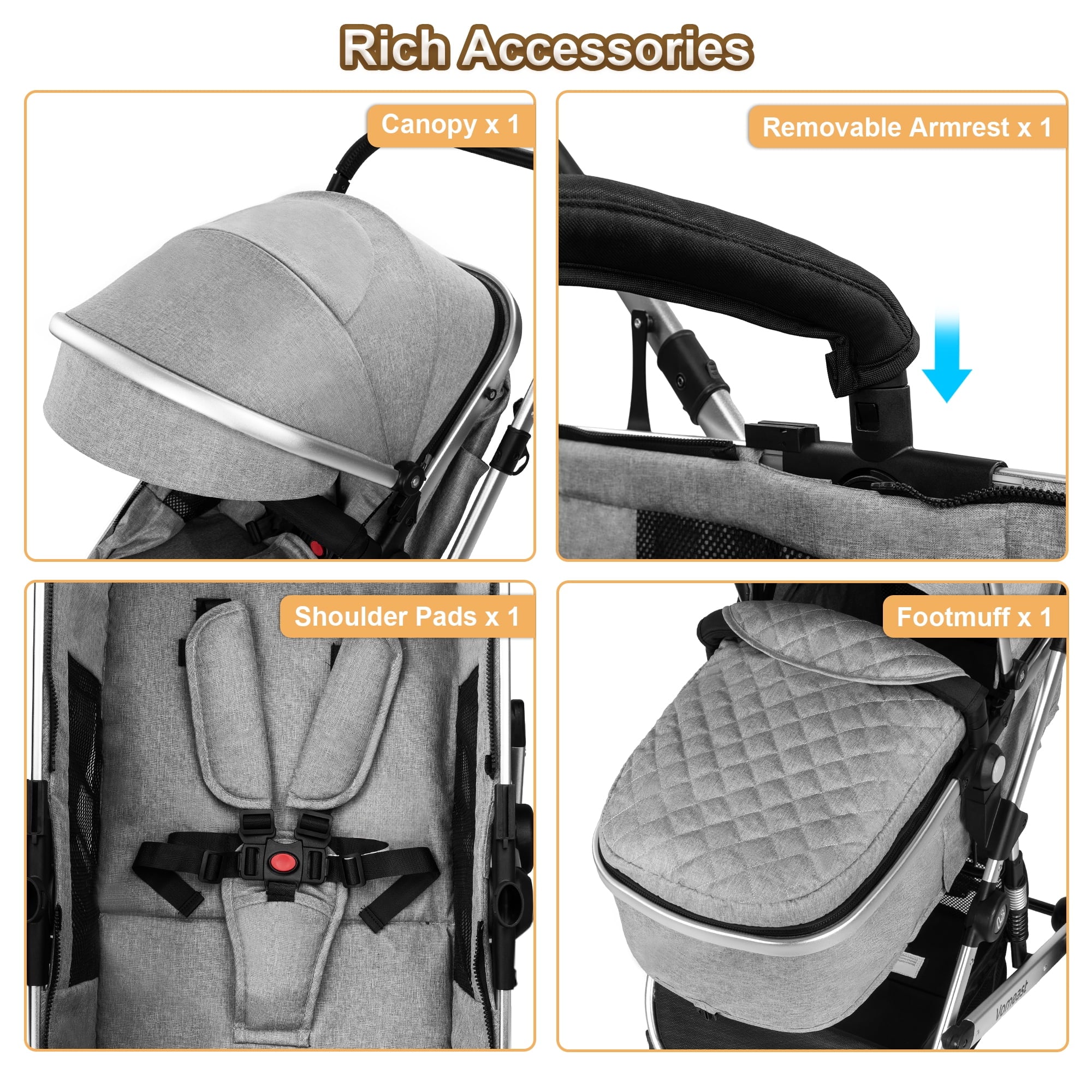 Vomeast Baby Stroller, Foldable Aluminum Alloy Stroller with Reversible, Travel Stroller for Newborn Infant, Grey