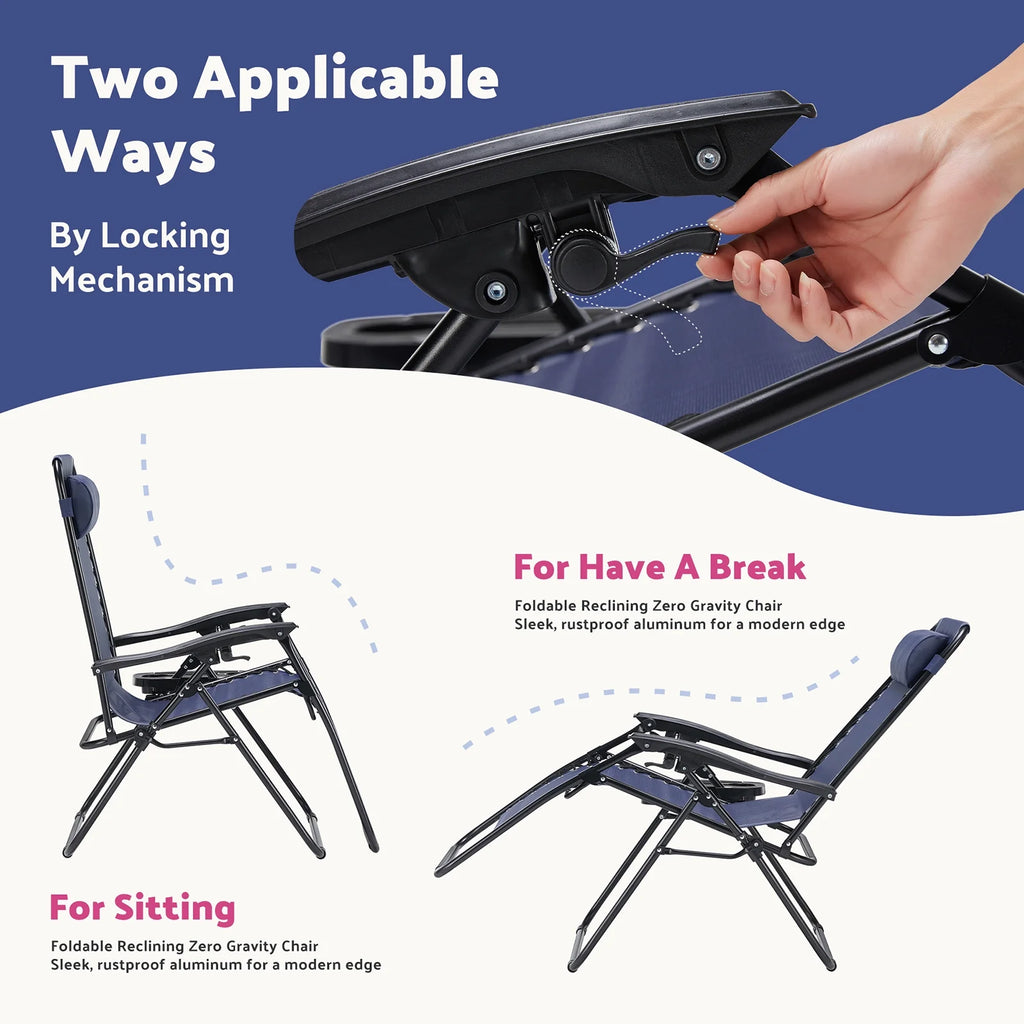 2PCS Zero Gravity Patio Recliner, Textilene Folding Lounge with Adjustable Pillow & Cup Tray, Blue