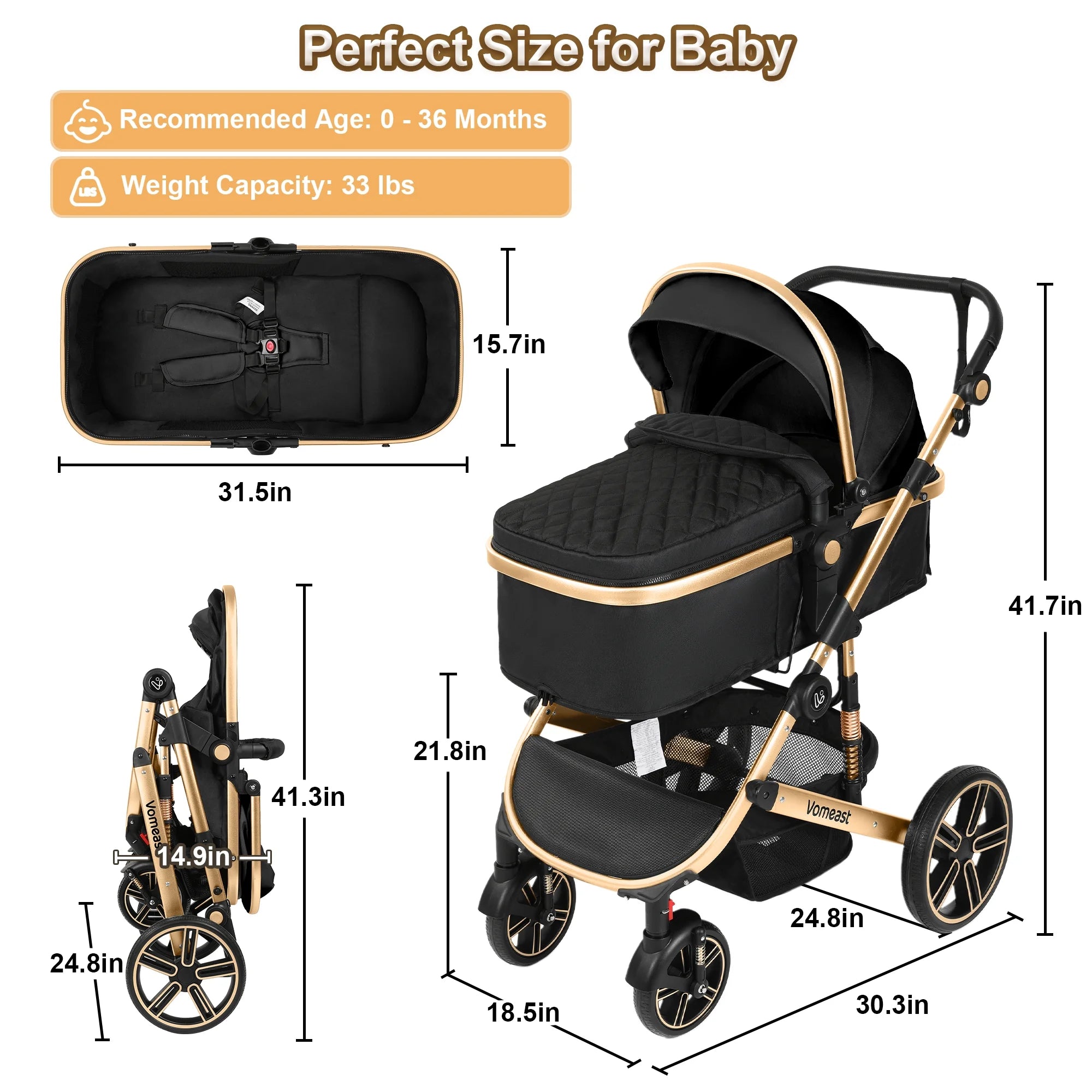 Vomeast Baby Stroller, Foldable Aluminum Alloy Stroller with Reversible, Travel Stroller for Newborn Infant, Black