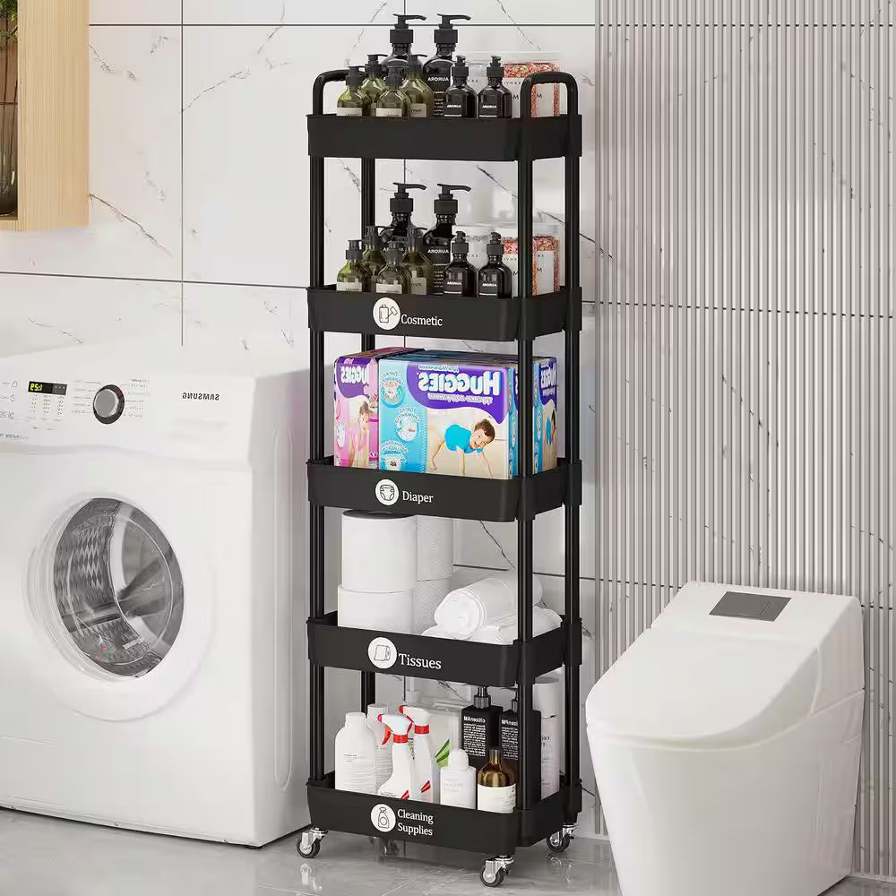 5-Tier Black Storage Organizer with Wheels and Classified Stickers, Utility Storage Carts for Bathroom, Laundry, Kitchen