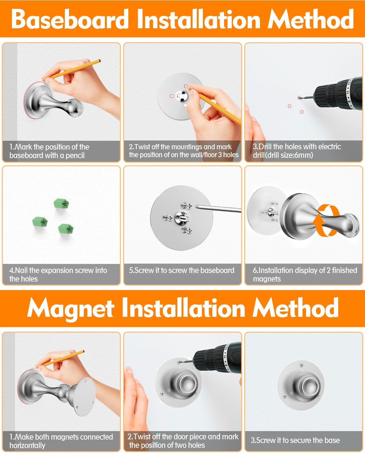 Magnetic Door Stoppers - 2 Pack Stainless Steel with No-Drill Adhesive for Strong Hold - Perfect for Wide Doors
