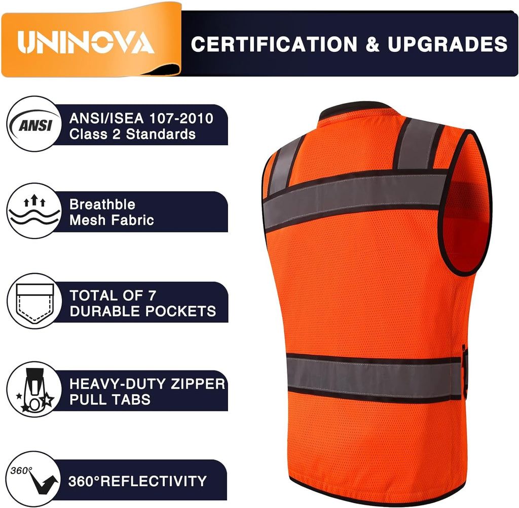High Visibility UNINOVA Class 2 Reflective Safety Vest for Men - Mesh Construction Vest with Pockets and Zipper