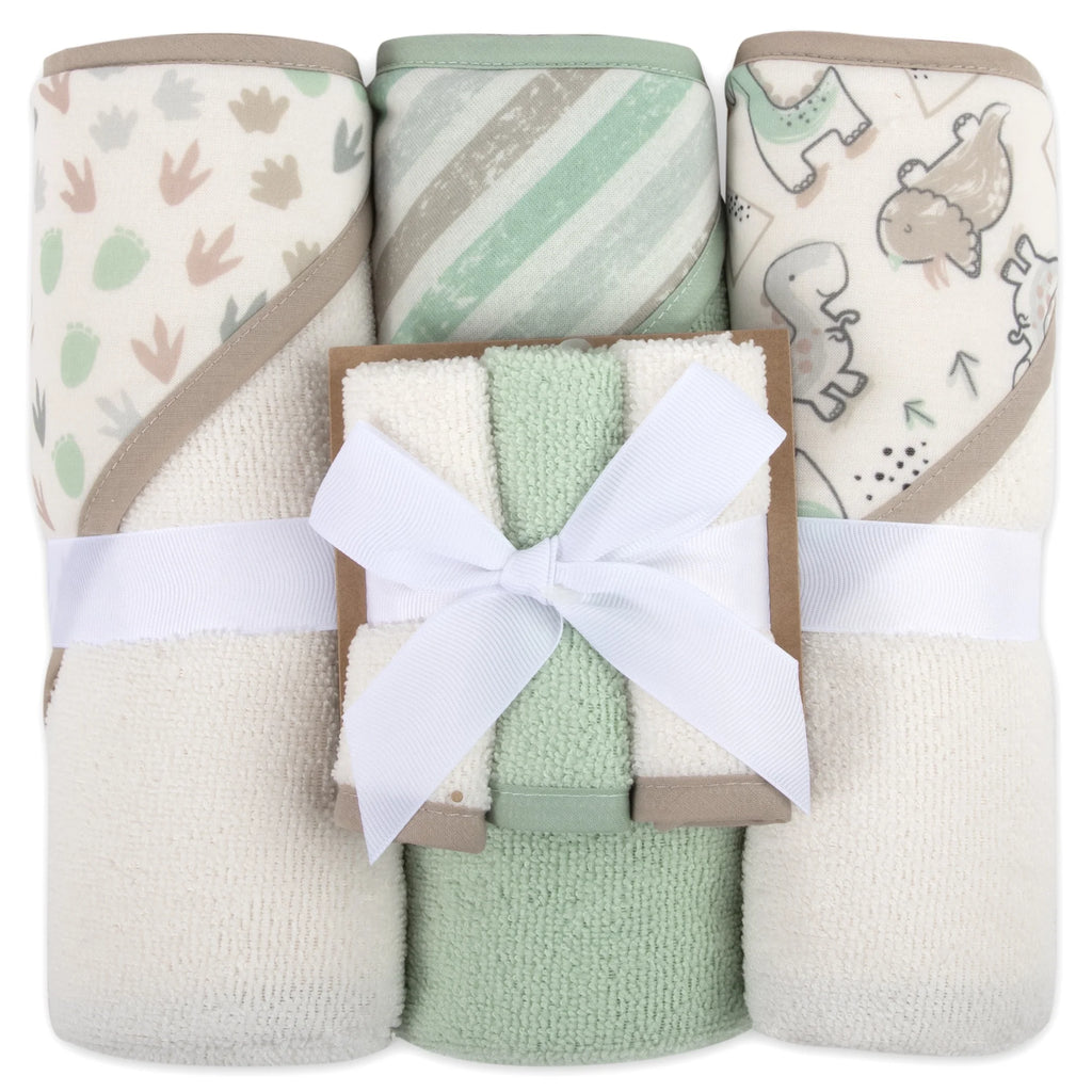 Baby Essentials 6 Piece Hooded Bath Towel Washcloth Set for Infant, Newborns, Toddlers 3 – 24 Months for Bath Time, Showers, Lounge, Beach, Pool in Dinosaurs & Stripes