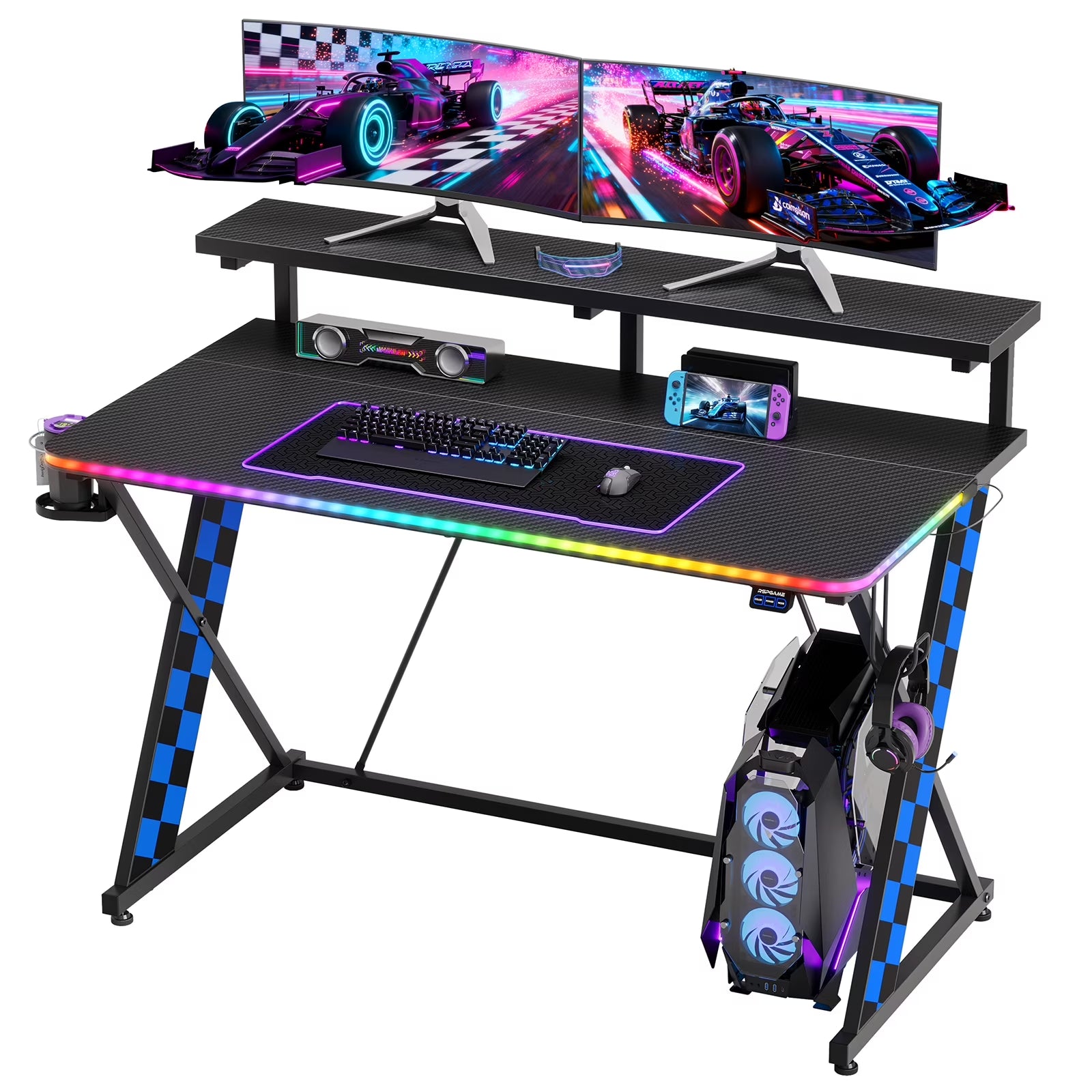43" Music Sync LED Gaming Desk,X-Shape Ergonomic Monitor Stand Gamer Table,Pc Desk with Dynamic Lighting,Color Changing Office Desks,Blue Racing