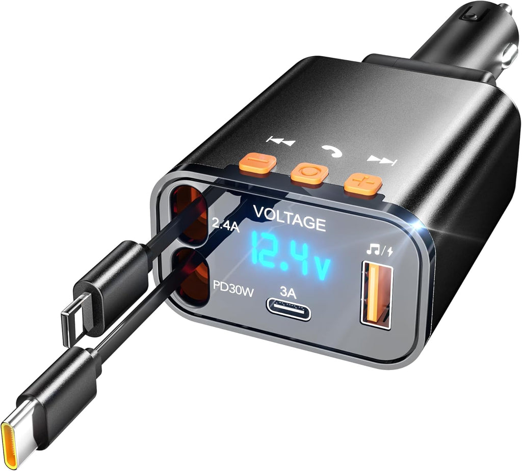 Retractable Car Charger,5 in 1 PD Car Phone Charger with Bluetooth 5.3 FM Transmitter,Handsfree Call and MP3 Player,2 Retractable Cables and USB Charging Adapter for Cars Phone,Galaxy,Pixel(Black)