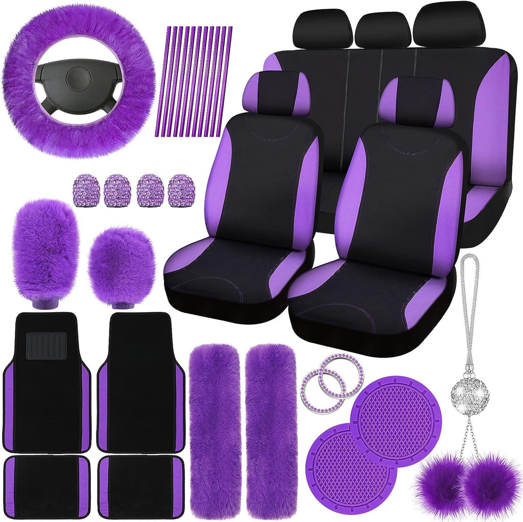 Stylish Woanger 47-Piece Car Seat Cover Set for Women - Fluffy Steering Wheel Cover, Floor Mats & More in Purple & Black