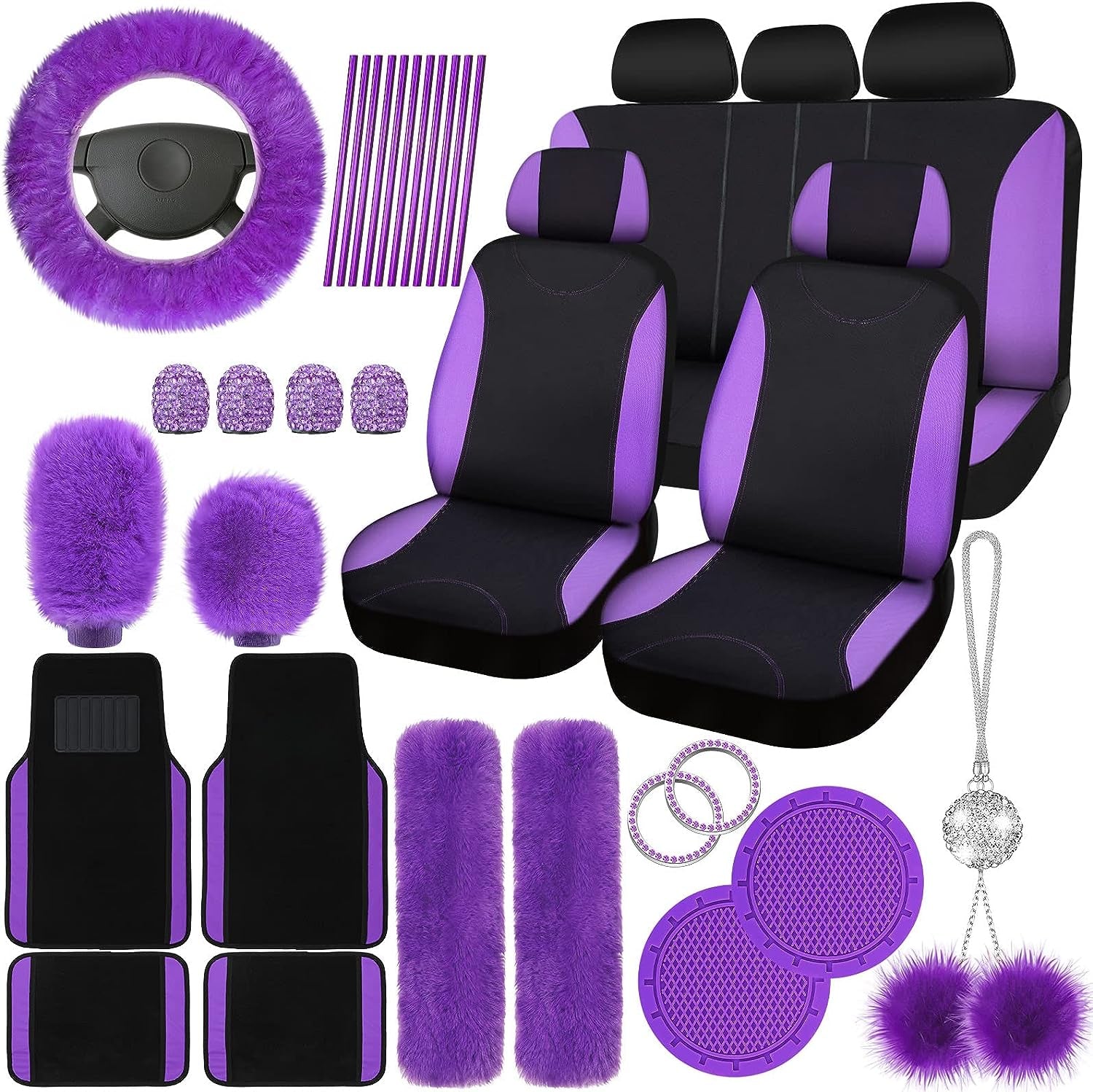 Stylish Woanger 47-Piece Car Seat Cover Set for Women - Fluffy Steering Wheel Cover, Floor Mats & More in Purple & Black