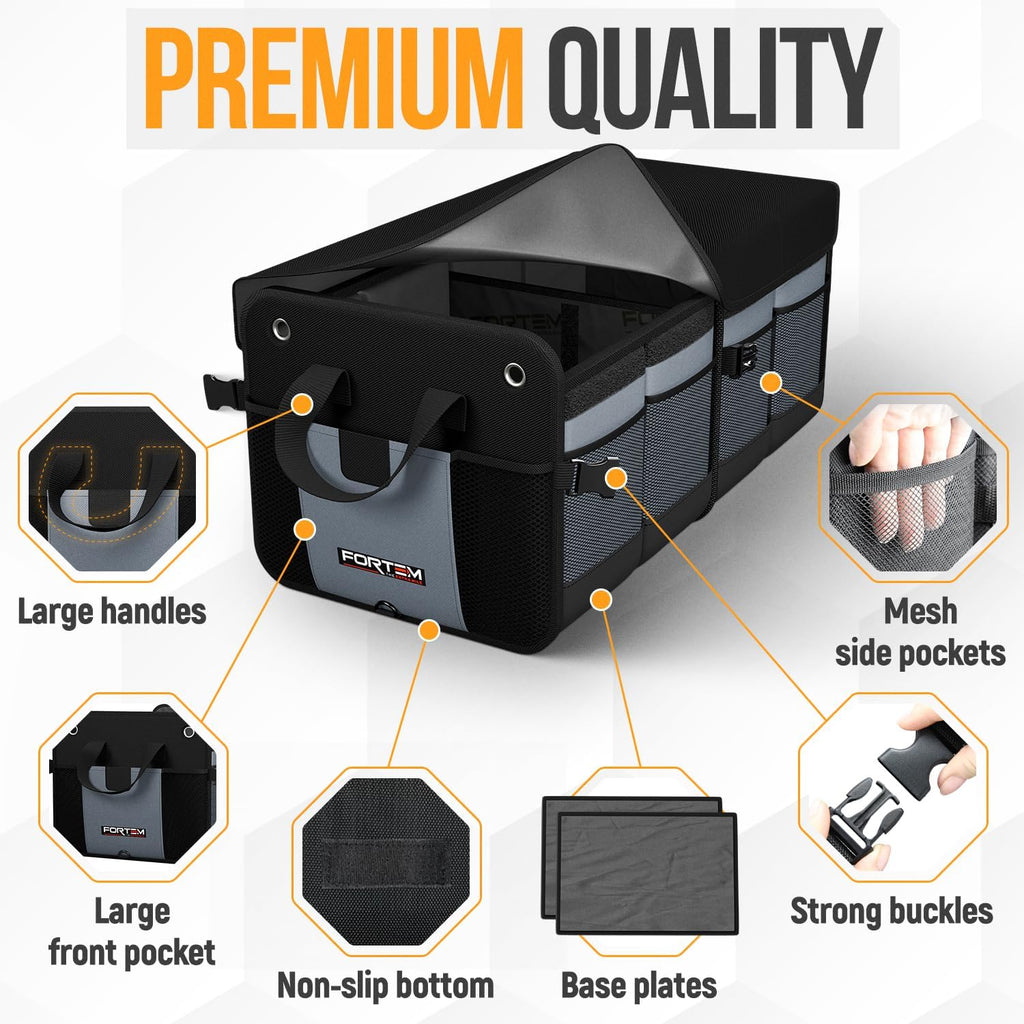 Ultimate FORTEM SUV Trunk Organizer - Collapsible Multi-Compartment Storage Bag with Non-Slip Bottom & Adjustable Straps - Perfect Car Accessory for Men & Women (65L)