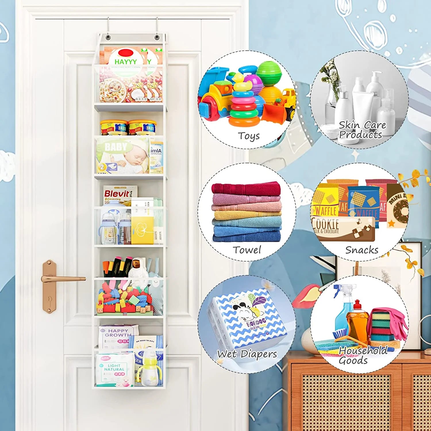 Ohhgo over the Door Hanging Pantry Organizer 6-Shelf behind the Door Storage Organizer with Clear Plastic Pockets Large Capacity for Closet Bedroom Bathroom (White)