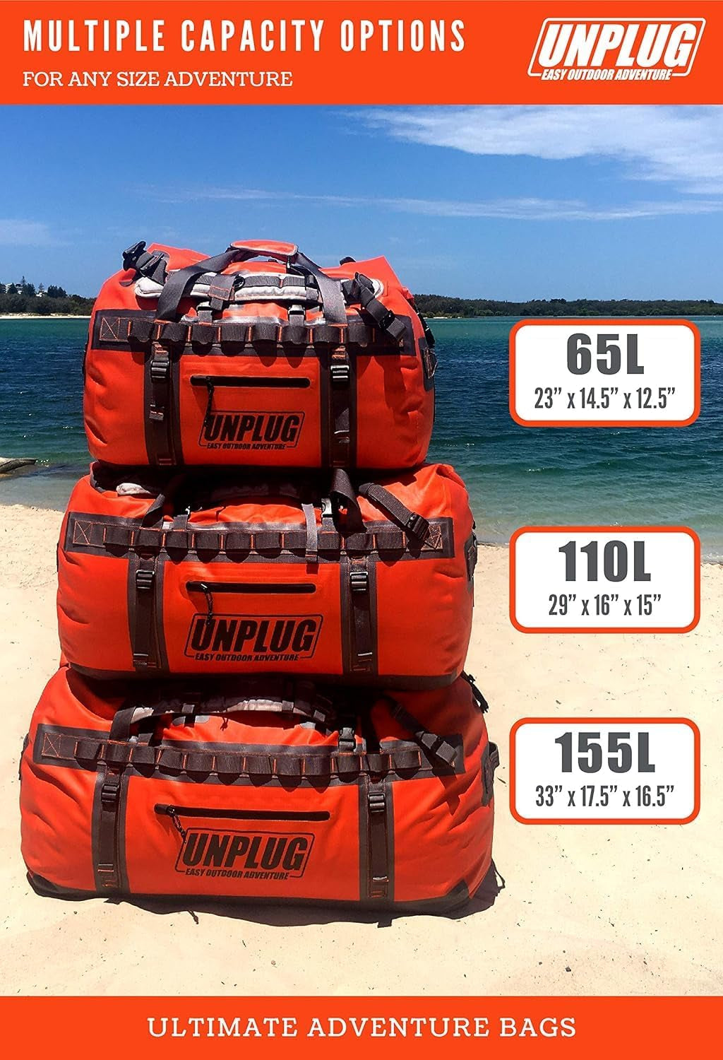 UNPLUG Ultimate Adventure | 1680D Heavy Duty Waterproof Bag | Large Travel Bag Which Can Be Used for Camping, Motorcycling, Boating, or Hunting| 65L Adventure Orange