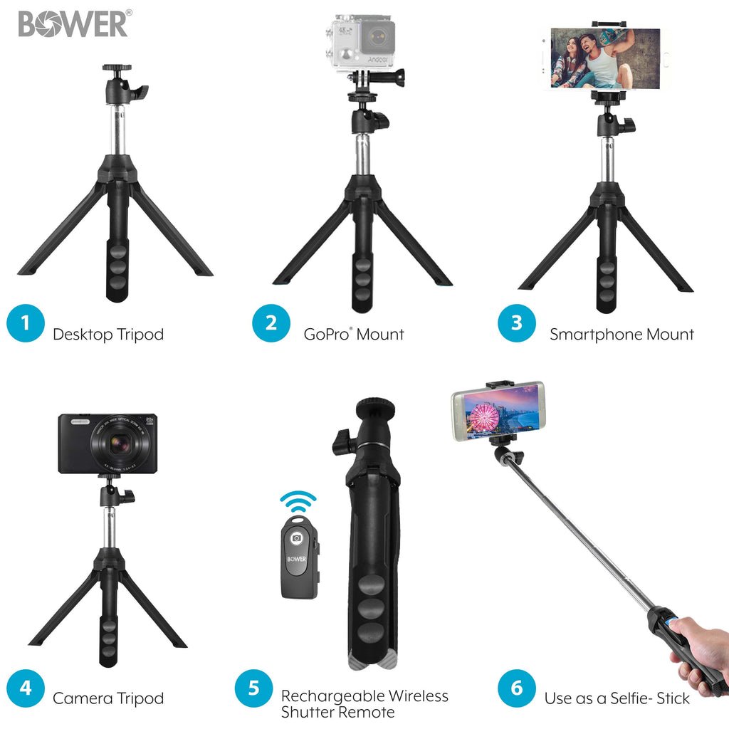 Bower 6-In-1 Multi Selfie Tripod with Smartphone & Gopro Mount, Rechargeable Wireless Remote - Black