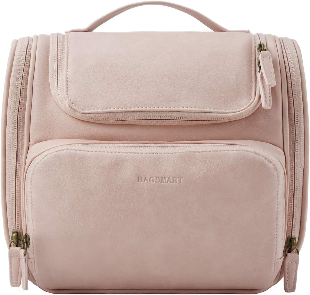 BAGSMART Hanging Toiletry Bag, Water-Resistant Leather Dopp Kit, Large Travel Organizer for Full Sized Container, Nude Pink