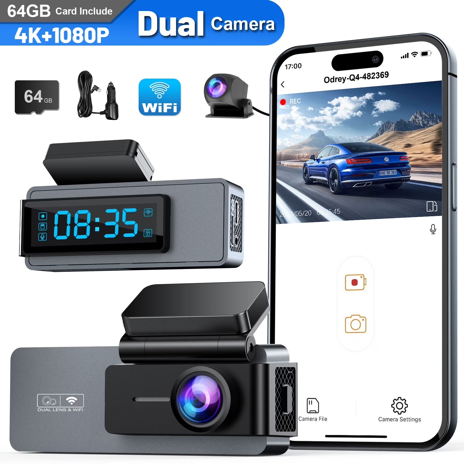 ODREY Dash Cam Front and Rear, 4K+1080P WDR Dash Camera for Cars, 4K Single Front Built-In Wifi Car Camera with G-Sensor, Super Night Vision, 64GB Card, Loop Recording, Parking Mode