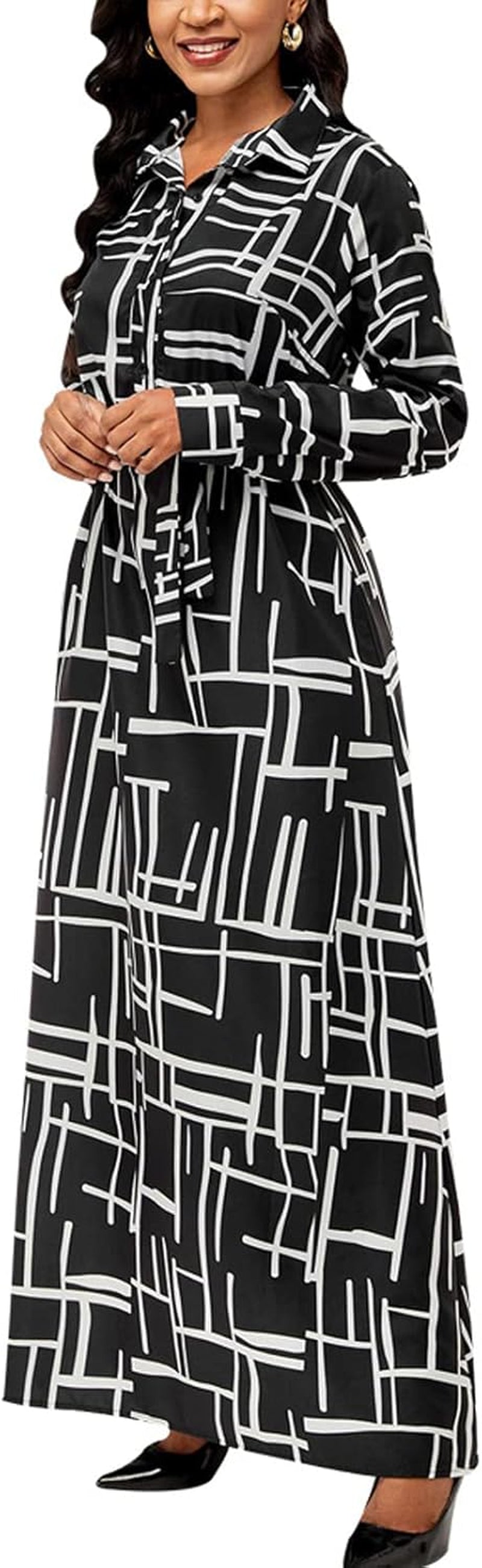 Zonjie Sexy Maxi Dresses for Women Casual plus Size Long Sleeve Button down Loose Party Prom Dress Ladies Outfits with Belt