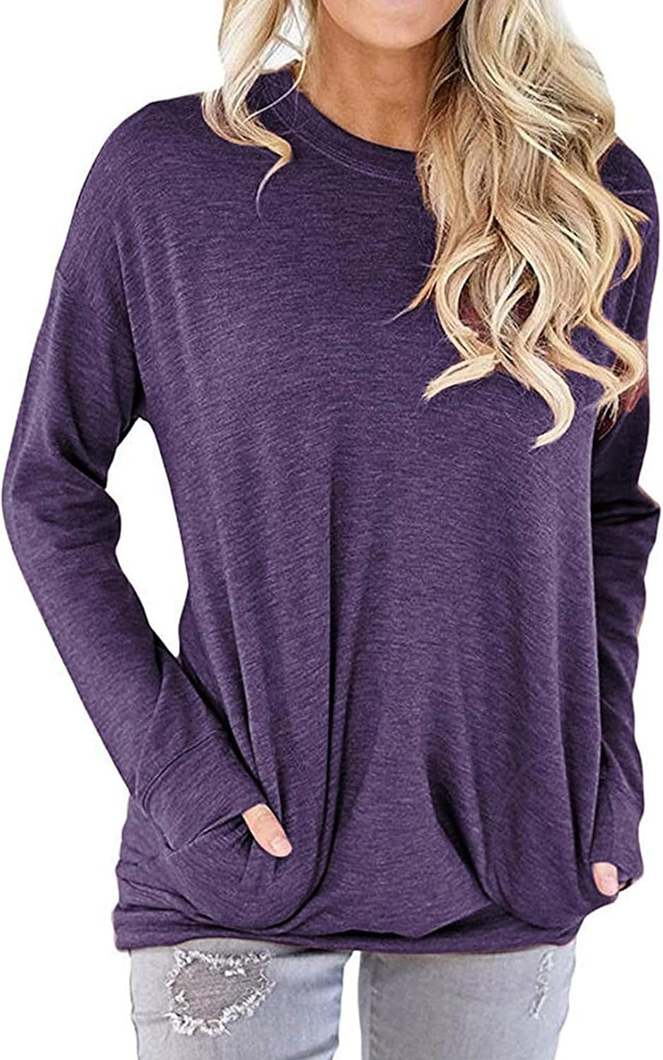 Hount Womens Casual Loose Fit Shirts Long Sleeve Comfy T-Shirts Pullover Sweatshirts with Pockets