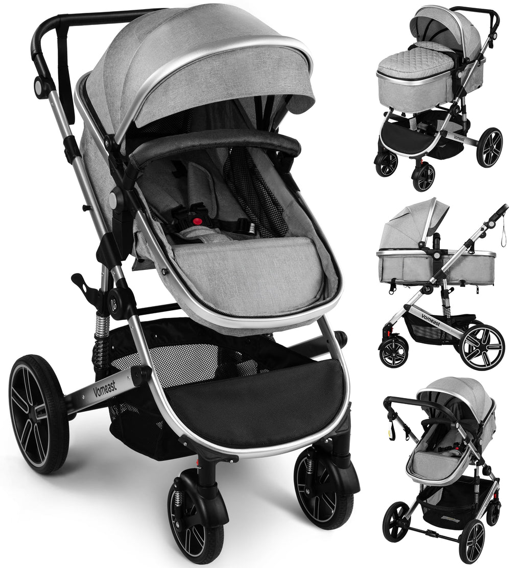Vomeast Baby Stroller, Foldable Aluminum Alloy Stroller with Reversible, Travel Stroller for Newborn Infant, Grey