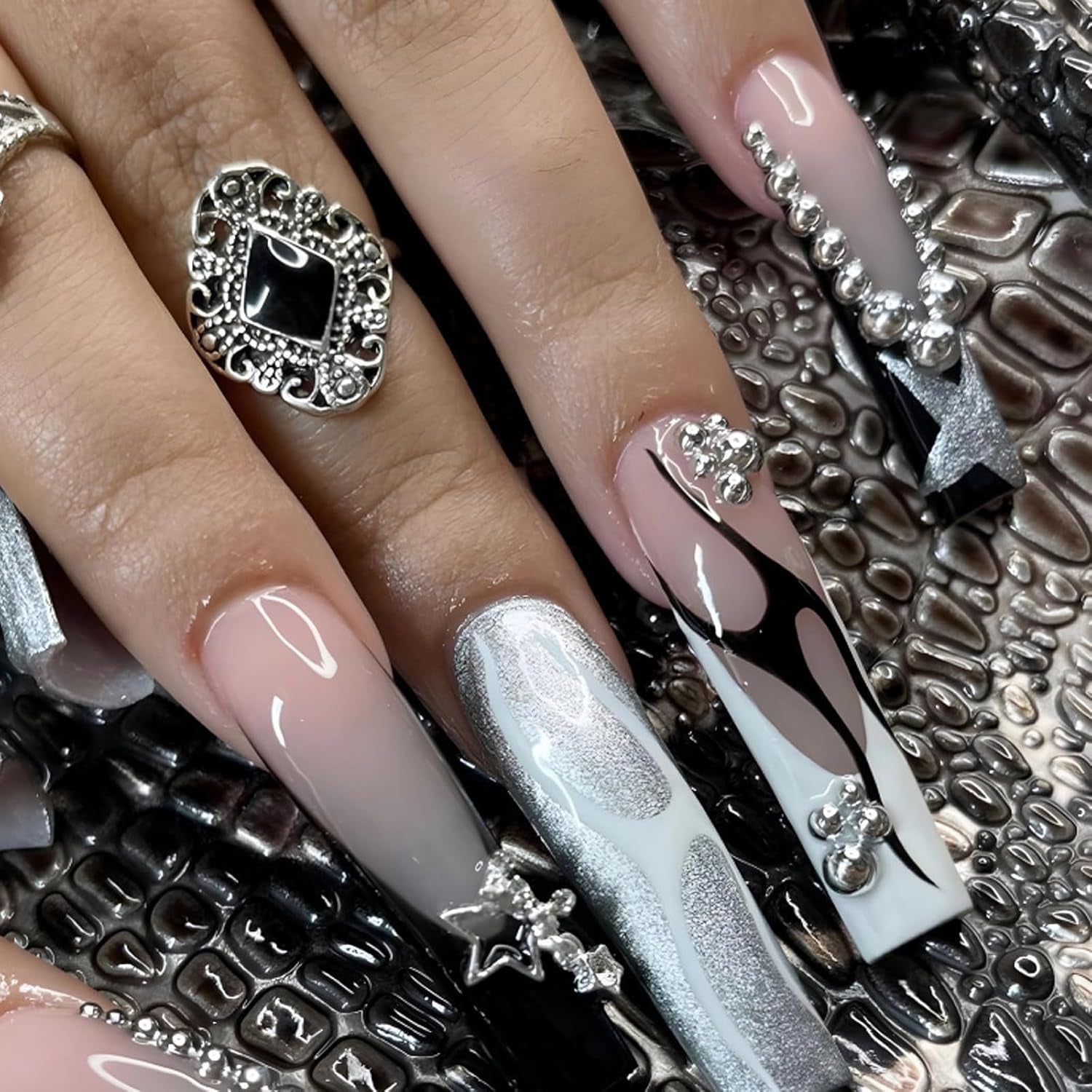 MISUD Long Square Press-On Nails - Black French Tip with Acrylic Flower Rhinestone Design, 24 Pcs