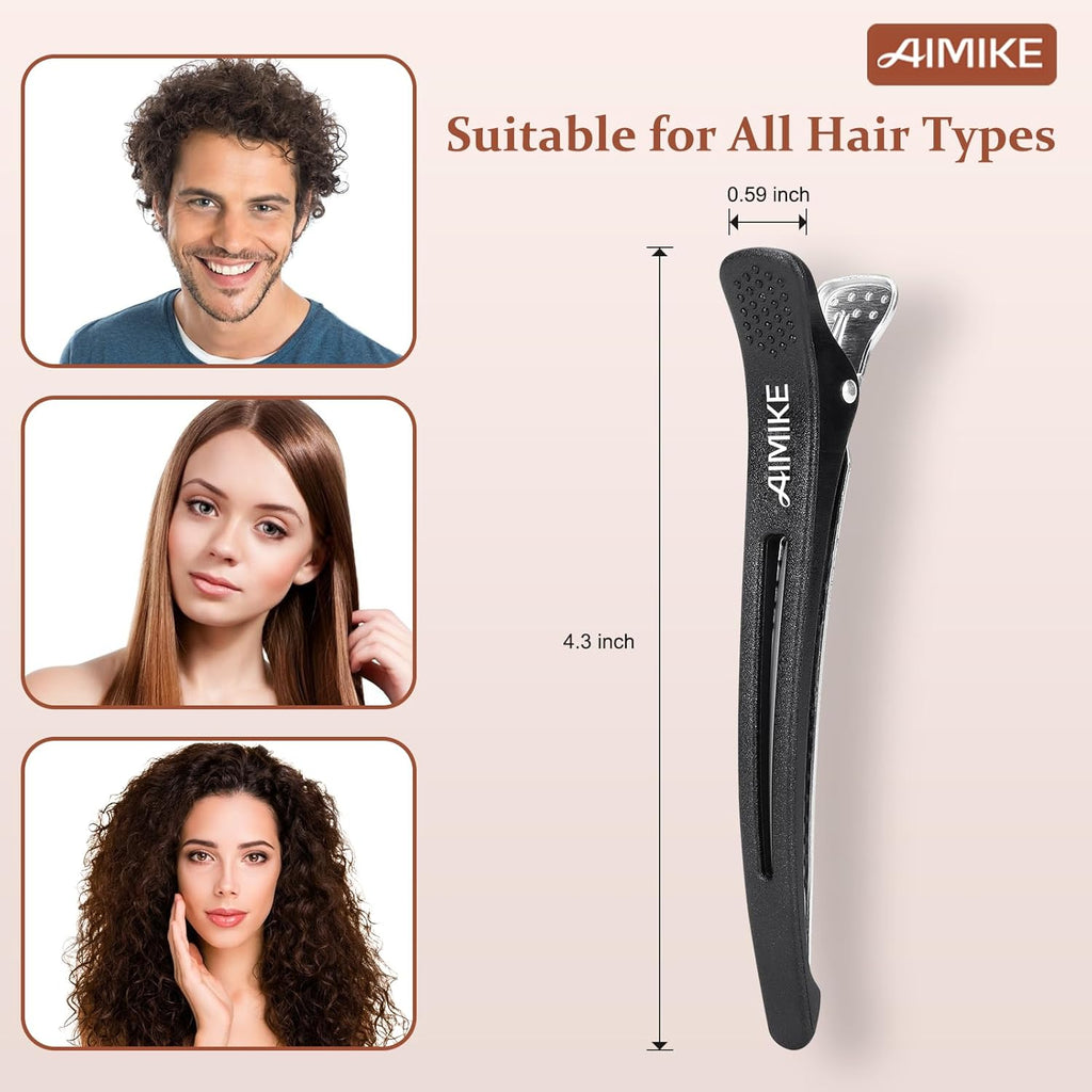AIMIKE 6Pcs Professional Hair Clips for Styling Sectioning, Non Slip No-Trace Duck Billed Hair Clips with Silicone Band, Salon and Home Hair Cutting Clips for Hairdresser, Women, Men - Black 4.3” Long