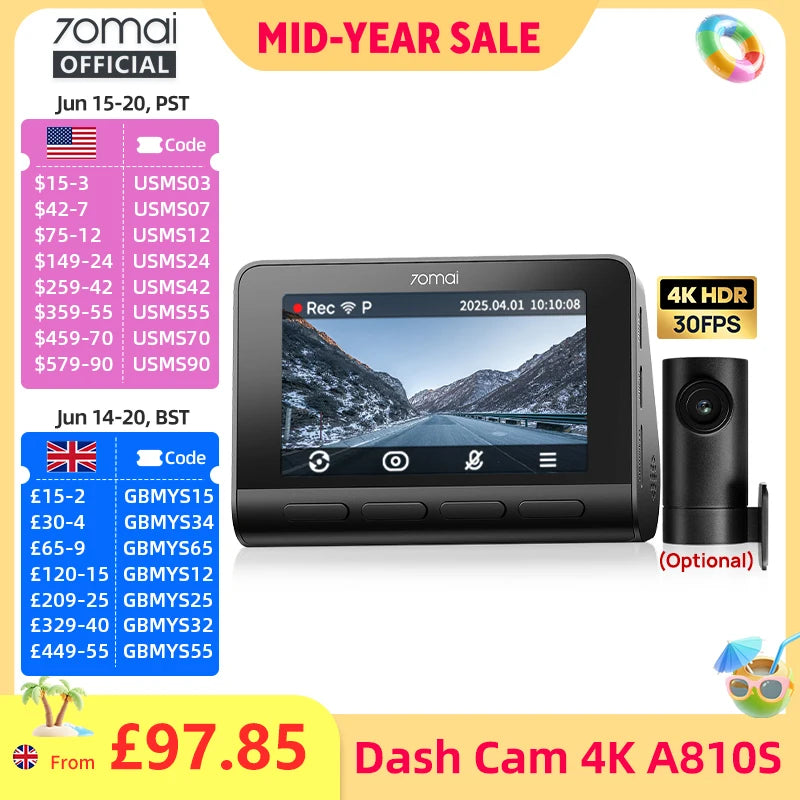 70Mai Dash Cam 4K A810S HDR IMX678 Supercapacitor 4G LTE Remote Control Wi-Fi 6 Voice Control GPS ADAS Car Camera 70Mai A810S