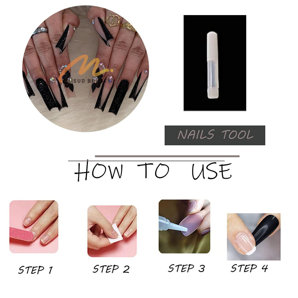 MISUD Long Square Press-On Nails - Black French Tip with Acrylic Flower Rhinestone Design, 24 Pcs