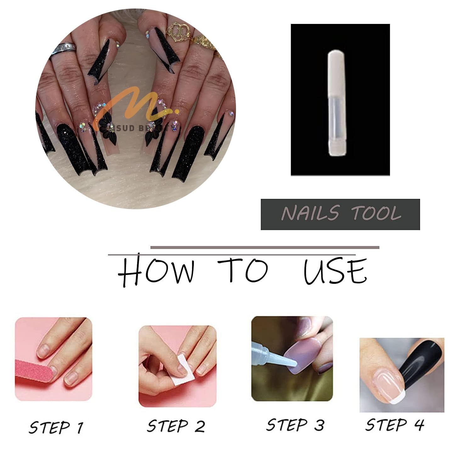 MISUD Long Square Press-On Nails - Black French Tip with Acrylic Flower Rhinestone Design, 24 Pcs