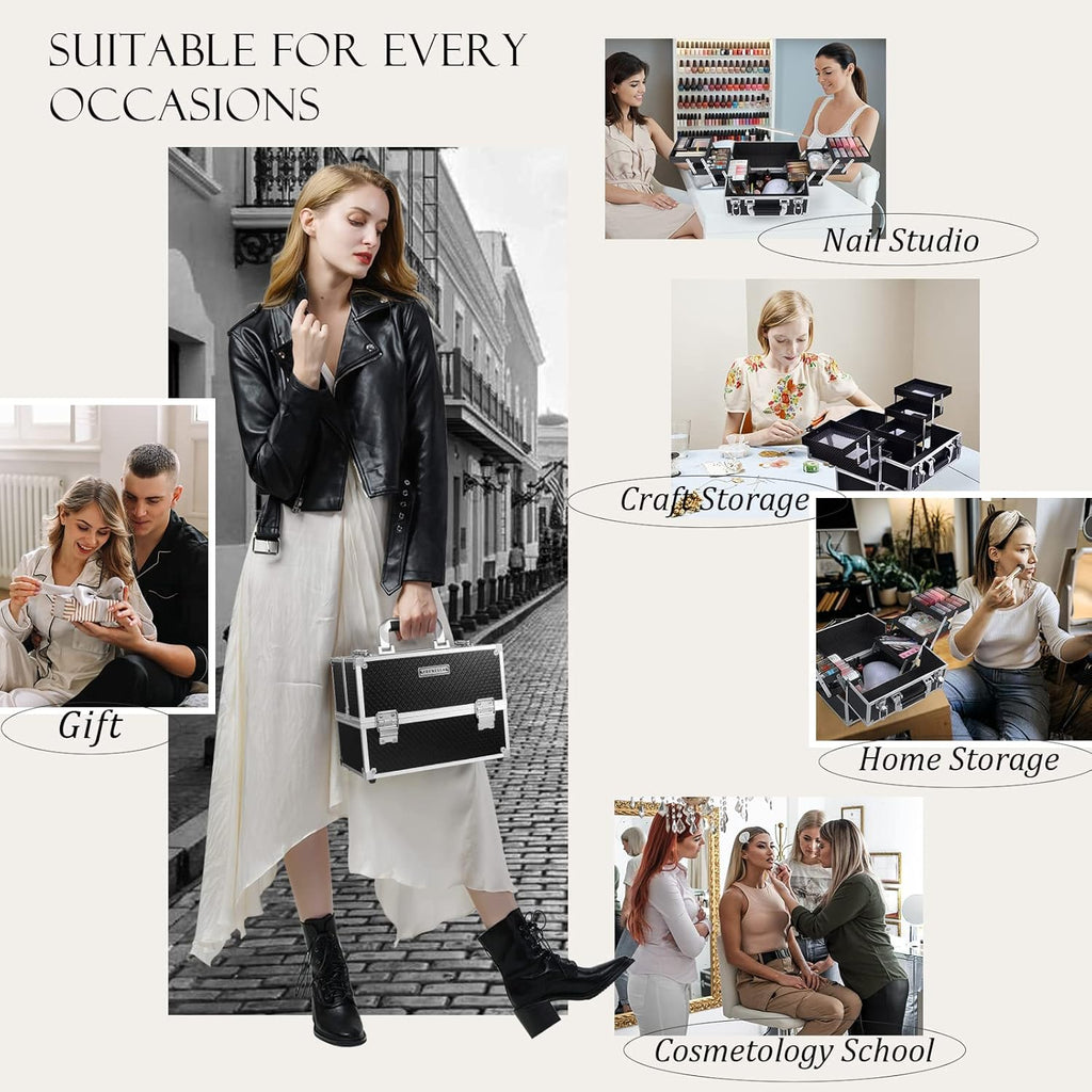 FRENESSA Makeup Train Case Makeup Case 11.8 Inch Large Cosmetic Box Organizer Travel Storage Professional Make up Train Carrying Case with 6 Trays Locking Hard Vanity Storage Black