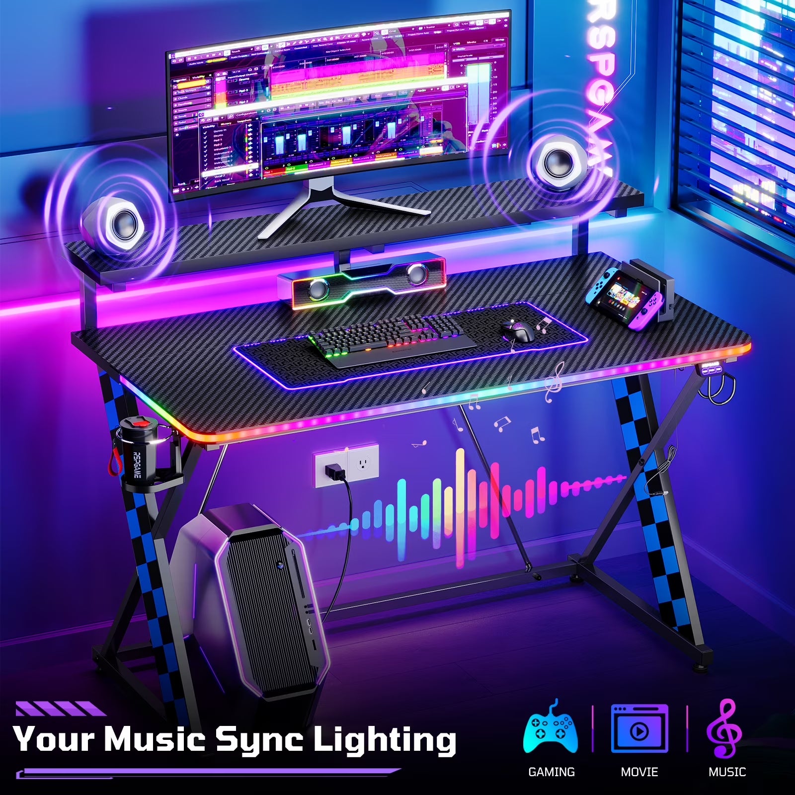 43" Music Sync LED Gaming Desk,X-Shape Ergonomic Monitor Stand Gamer Table,Pc Desk with Dynamic Lighting,Color Changing Office Desks,Blue Racing