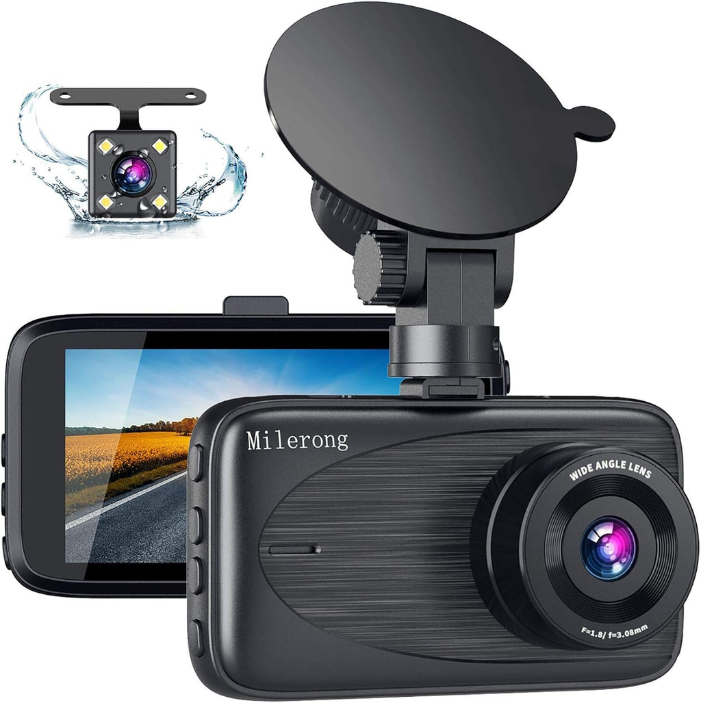 Milerong Dash Cam Front and Rear with Night Vision, Mini 1080P FHD Dash Camera for Cars, G-Sensor, Loop Recording, Parking Monitor, Motion Detection,Wdr
