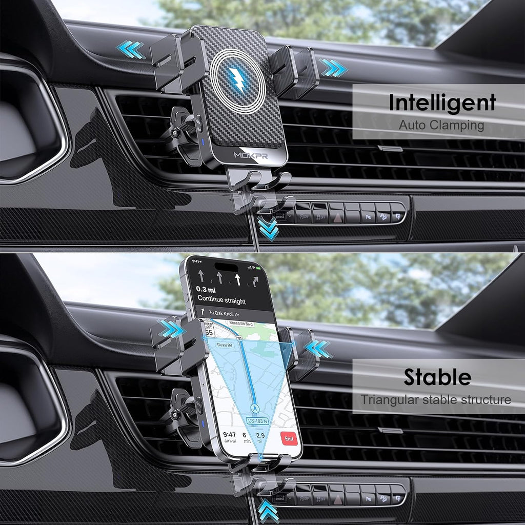Wireless Car Charger, MOKPR 15W Fast Charging Auto-Clamping Car Charger Phone Mount Air Vent Cell Phone Holder Compatible Iphone 16/15/14/13/13 Pro/12 Pro/12/11, Samsung Galaxy S23/S22/S21/S20, Etc