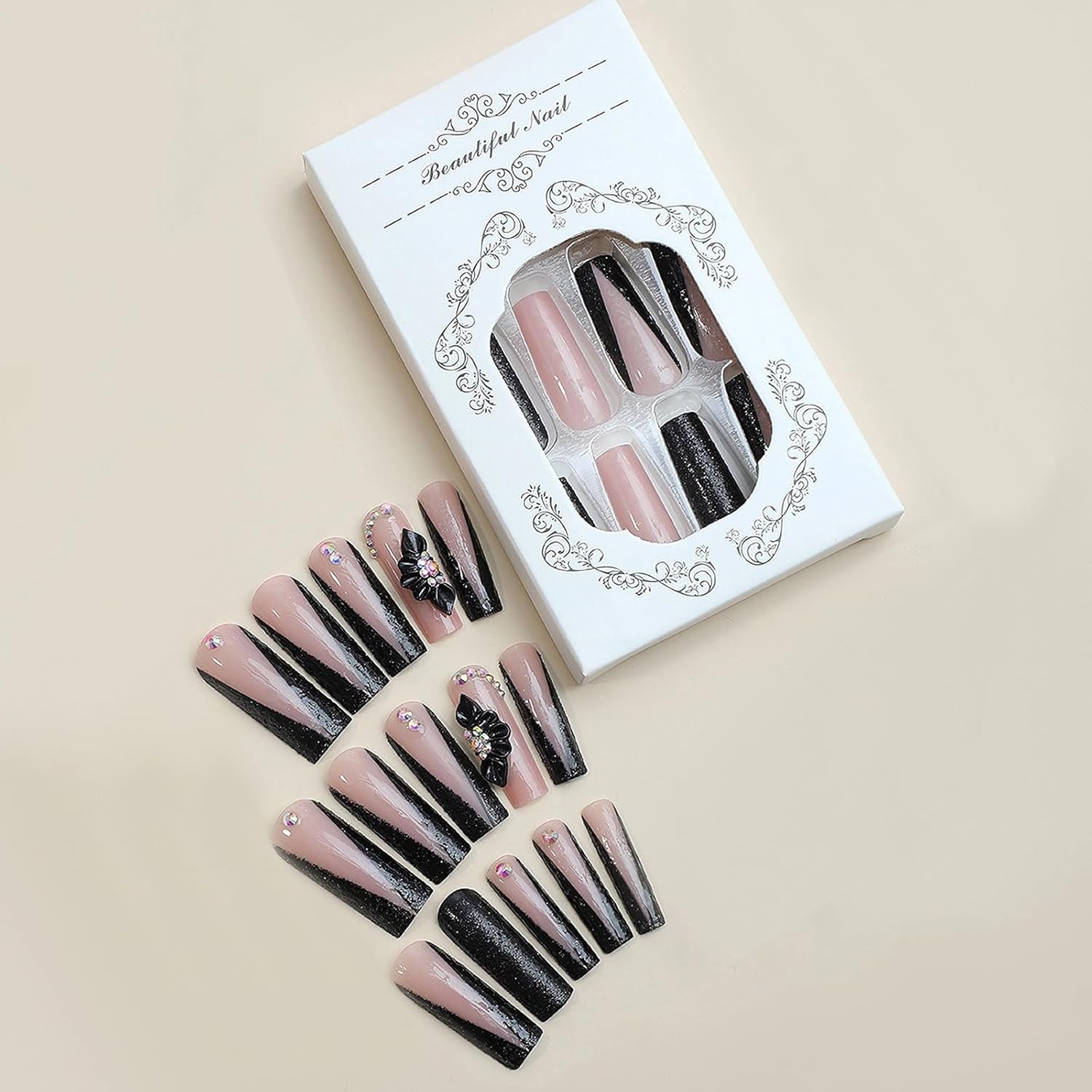 MISUD Long Square Press-On Nails - Black French Tip with Acrylic Flower Rhinestone Design, 24 Pcs